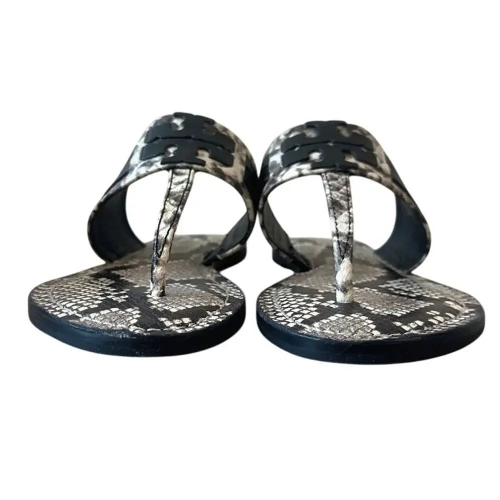 Tory Burch Leigh Thong Sandals 8.5 Roccia Snakeskin Black Logo